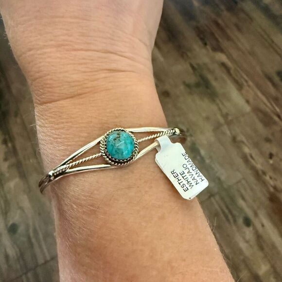 Handmade Native American Turquoise & Sterling Silver Cuff Bracelet Esther White - Picture 7 of 8